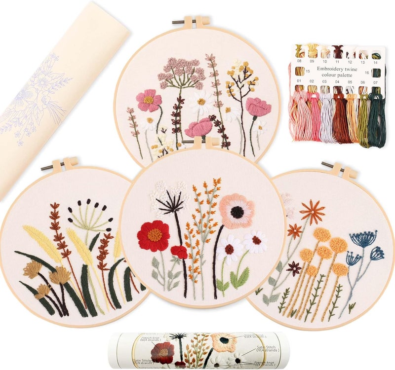 REEWISLY 4ps Embroidery Starter kit with Flowers Patterns and Instructions, DIY Adult Beginner Cross Stitch Kits, Including 2 Plastic Embroidery Hoop, 1 Pair of Scissors, Colored Threads and Needles - Image 1